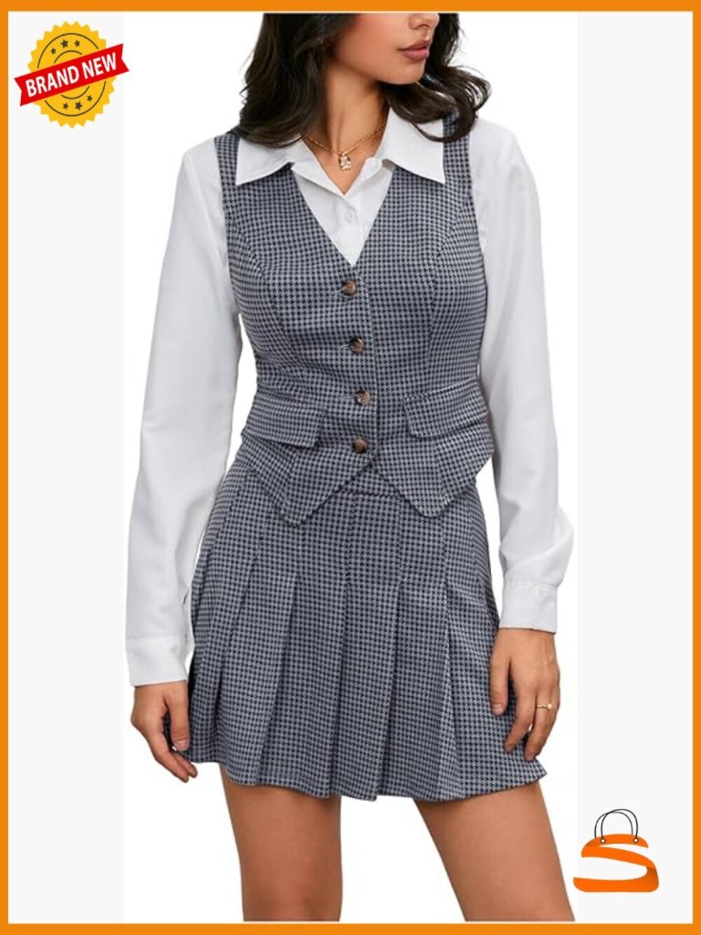 Women's Plaid Skirt Sets 2 Piece Outfits Blazer Vest Top and Pleated Mini Skirt